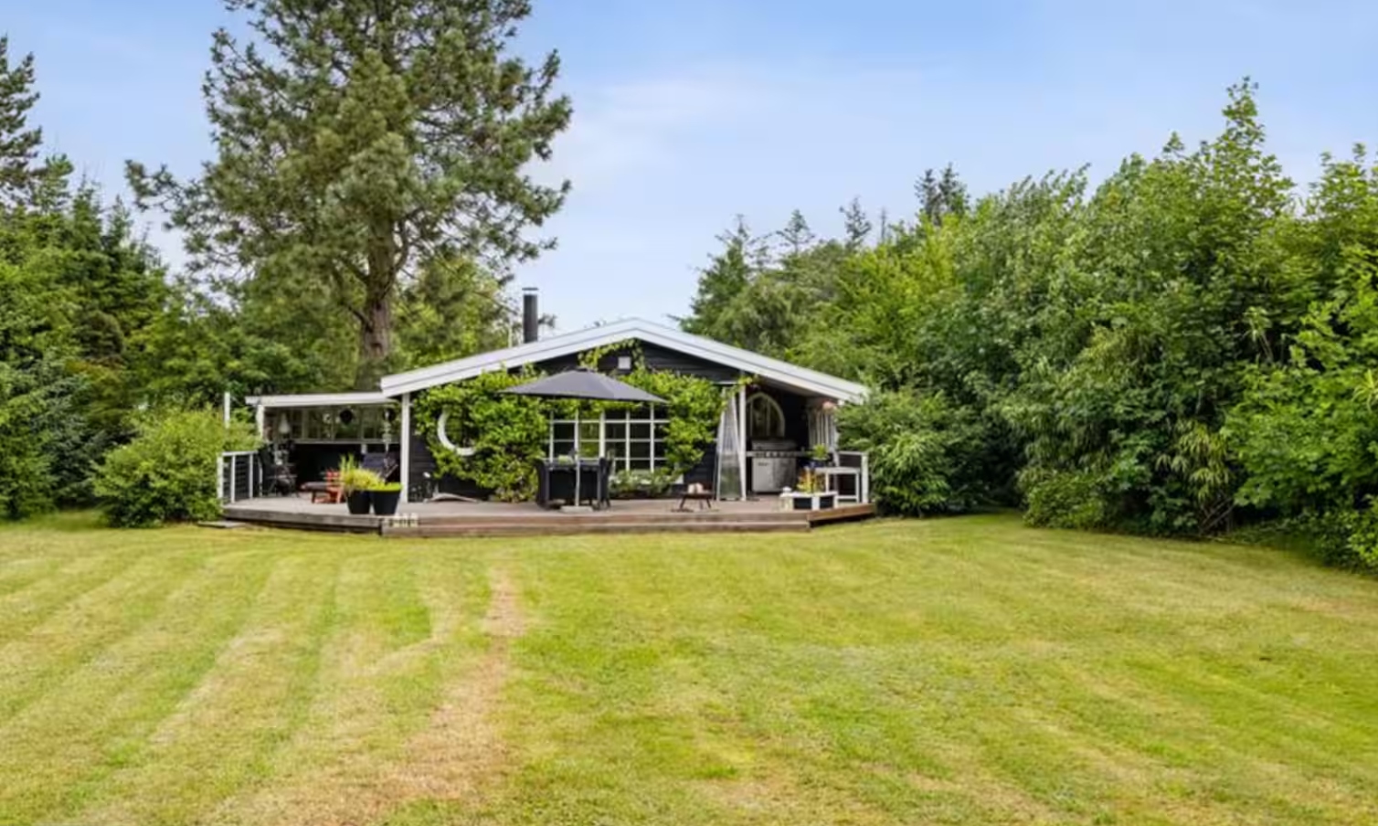 House of Love set fra plænen — huset med terasse og den store have